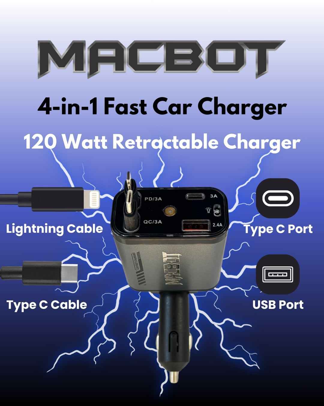 Macbot M4P-16 Fast Car Charger 120W with Retractable Cables, USB Port & Type-C Adapter for Android and iPhone, Up to 2 Year Warranty