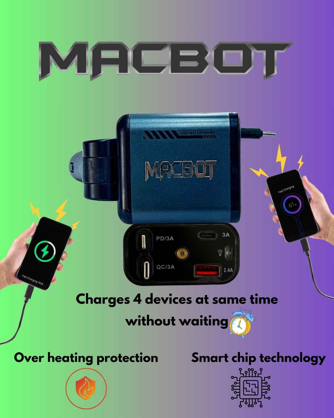 Macbot M4P-16 Fast Car Charger 120W with Retractable Cables, USB Port & Type-C Adapter for Android and iPhone, Up to 2 Year Warranty