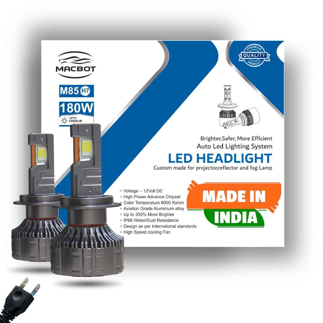 MACBOT H7 LED Headlight Bulb 180 Watt M85-H7 - 2-Year Replacement Warranty, 90 Watt Each Bulb, Super Bright White Light, Made in India