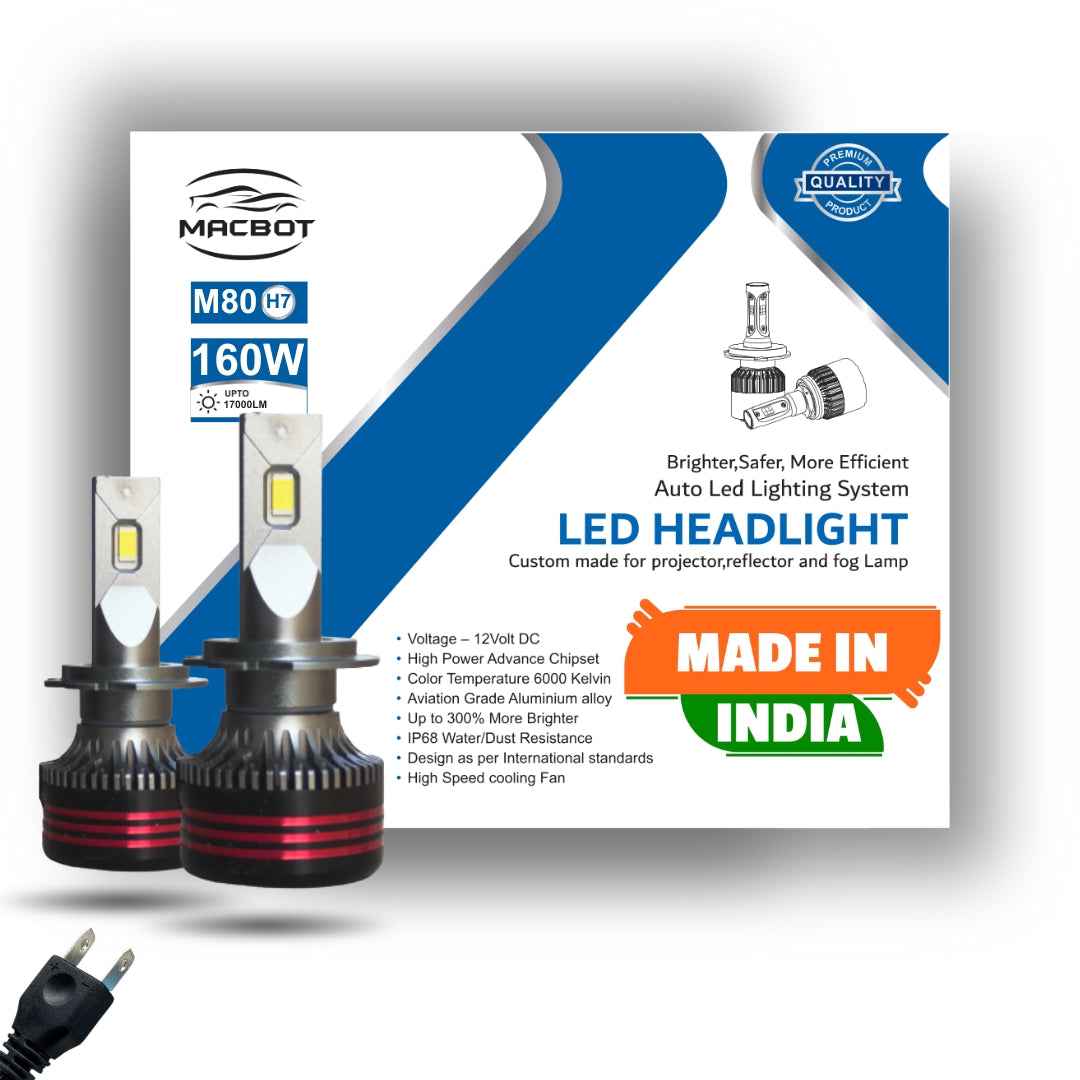 MACBOT H7 LED Headlight Bulb 160 Watt M80-H7 - Super Bright White Light with 2-Year Replacement Warranty - Made in India
