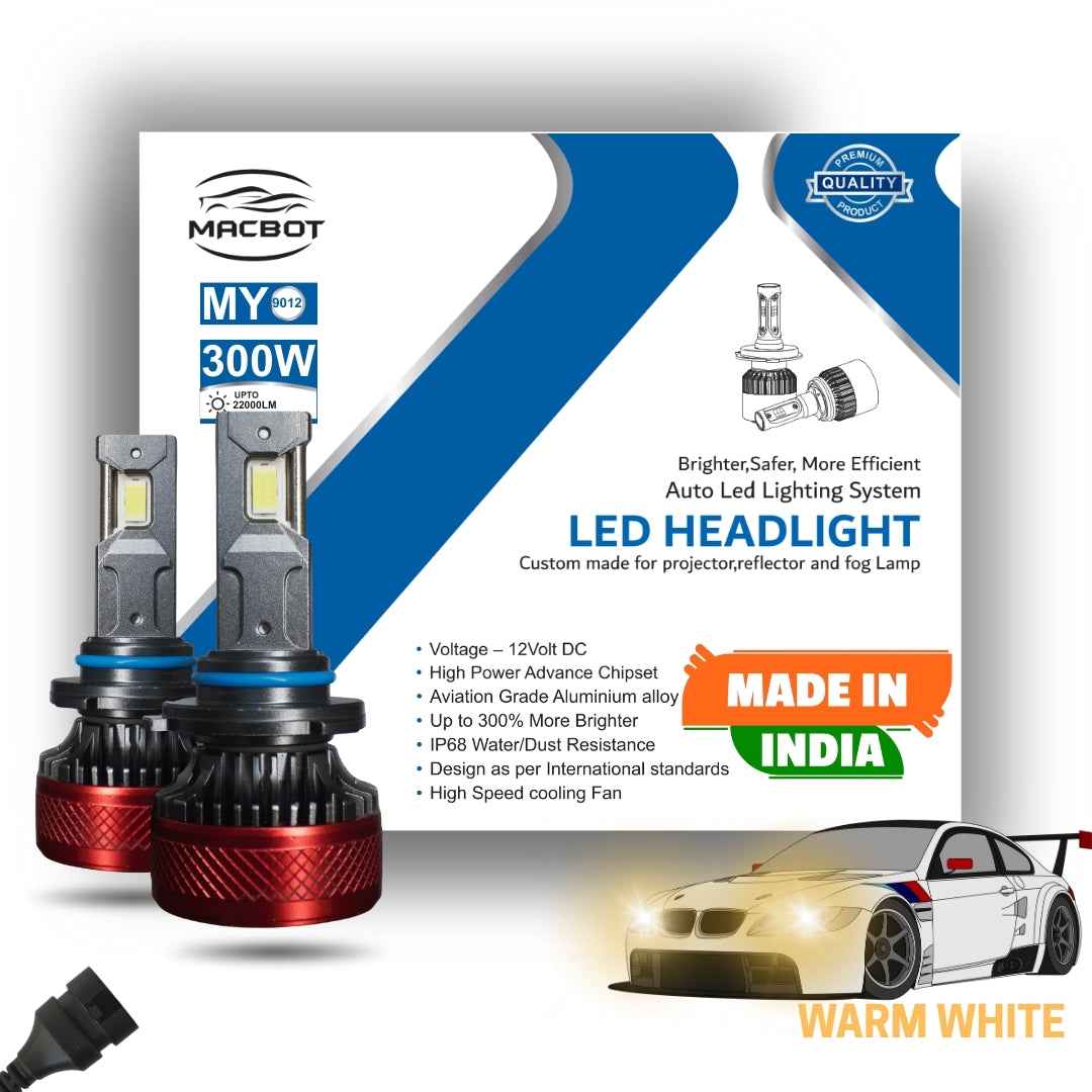 MACBOT 9012 Type Warm White LED Headlight Bulb 300 Watt MY-9012, with 2-Year Replacement Warranty - Made in India for Cars (150 Watt Each Bulb) Bright Warm White Light