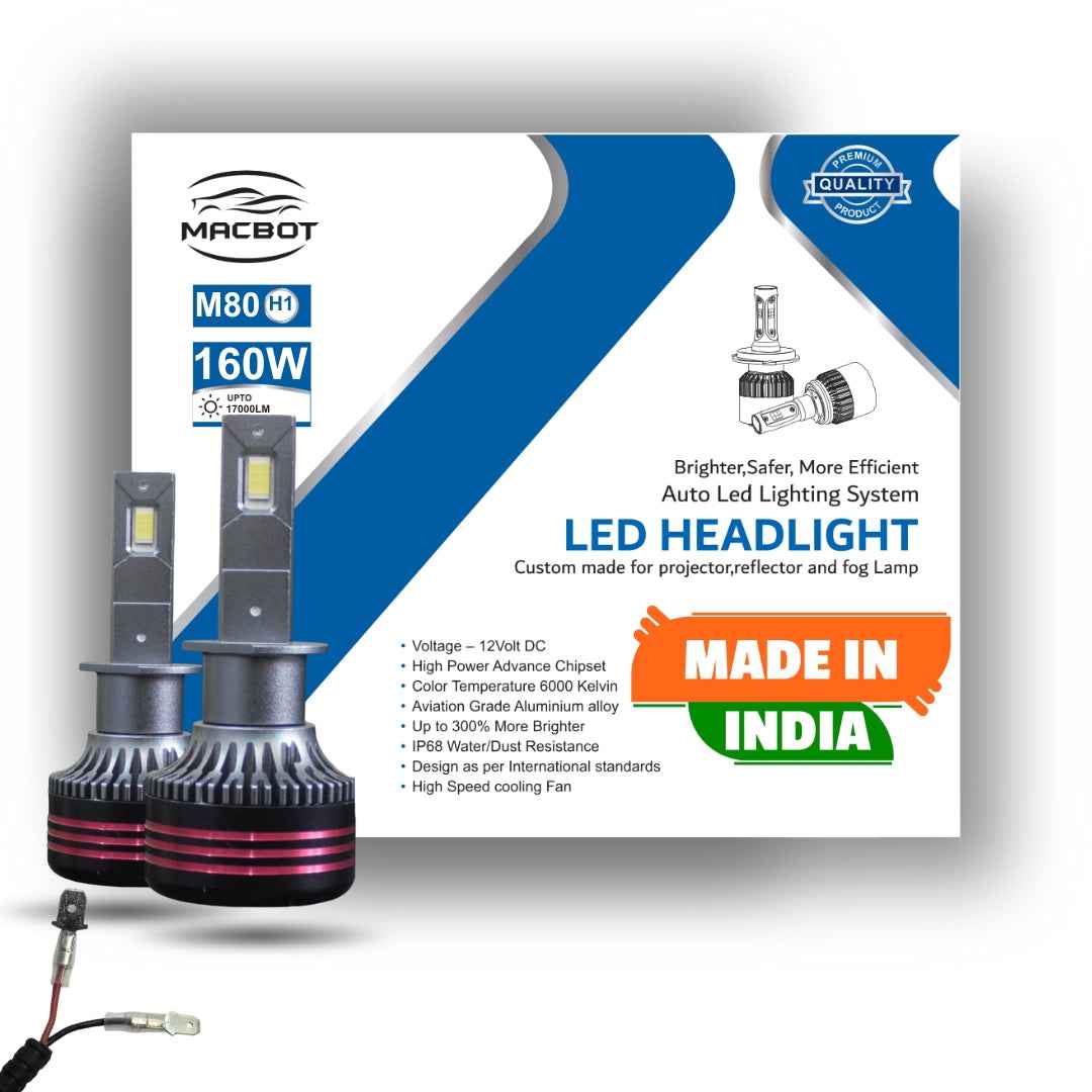 MACBOT H1 LED Headlight Bulb 160 Watt M80-H1 - Super Bright White Light, 2-Year Replacement Warranty, Made in India (80 Watt Each Bulb)