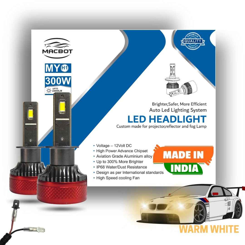 MACBOT H1 Yellow LED Headlight Bulb 300 Watt MY-H1 - 2-Year Warranty - Bright Warm White Light for Cars - Made in India (150 Watt Each)