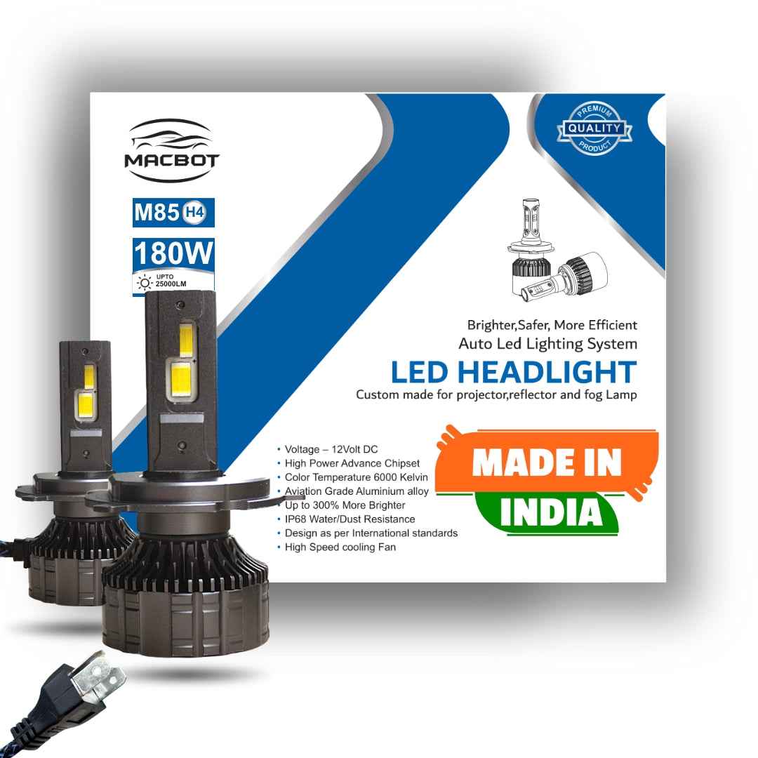 H4 H19 LED Headlight Bulb - MACBOT 180 Watt M85-H4, Super Bright White Light, 2-Year Replacement Warranty, Made in India (90 Watt Each)