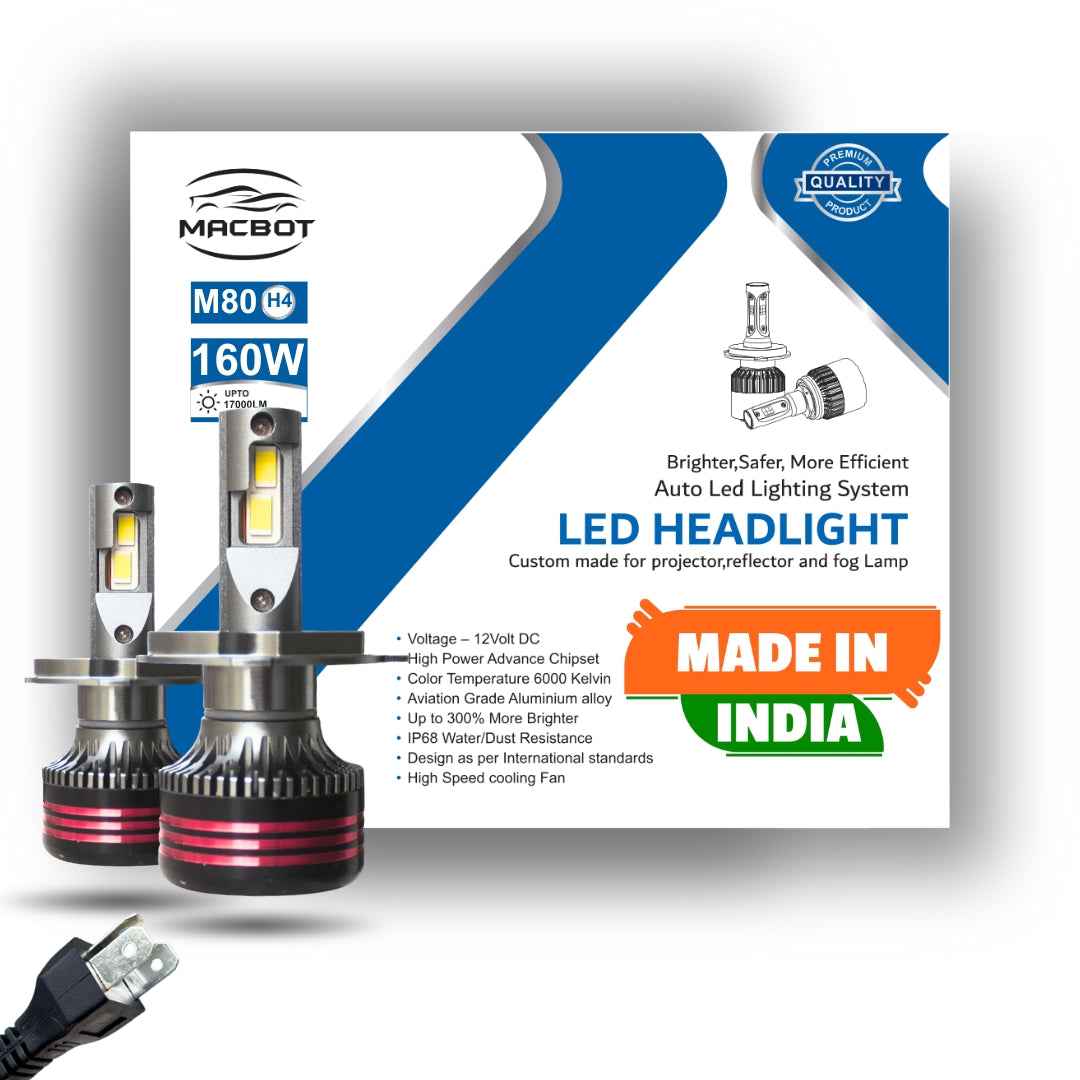 MACBOT H4 LED Headlight Bulb 160 Watt M80-H4 - Best H4 LED Headlight for Car with 2-Year Warranty - Super Bright White, Made in India