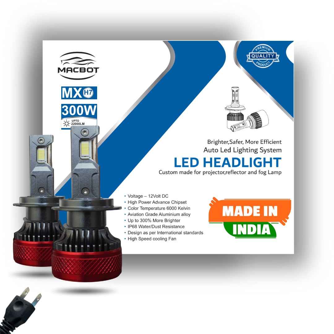 MACBOT H7 LED Headlight Bulb 300 Watt MX-H7 - Super Bright White Light with 2-Year Replacement Warranty - Made in India (150 Watt Each Bulb)