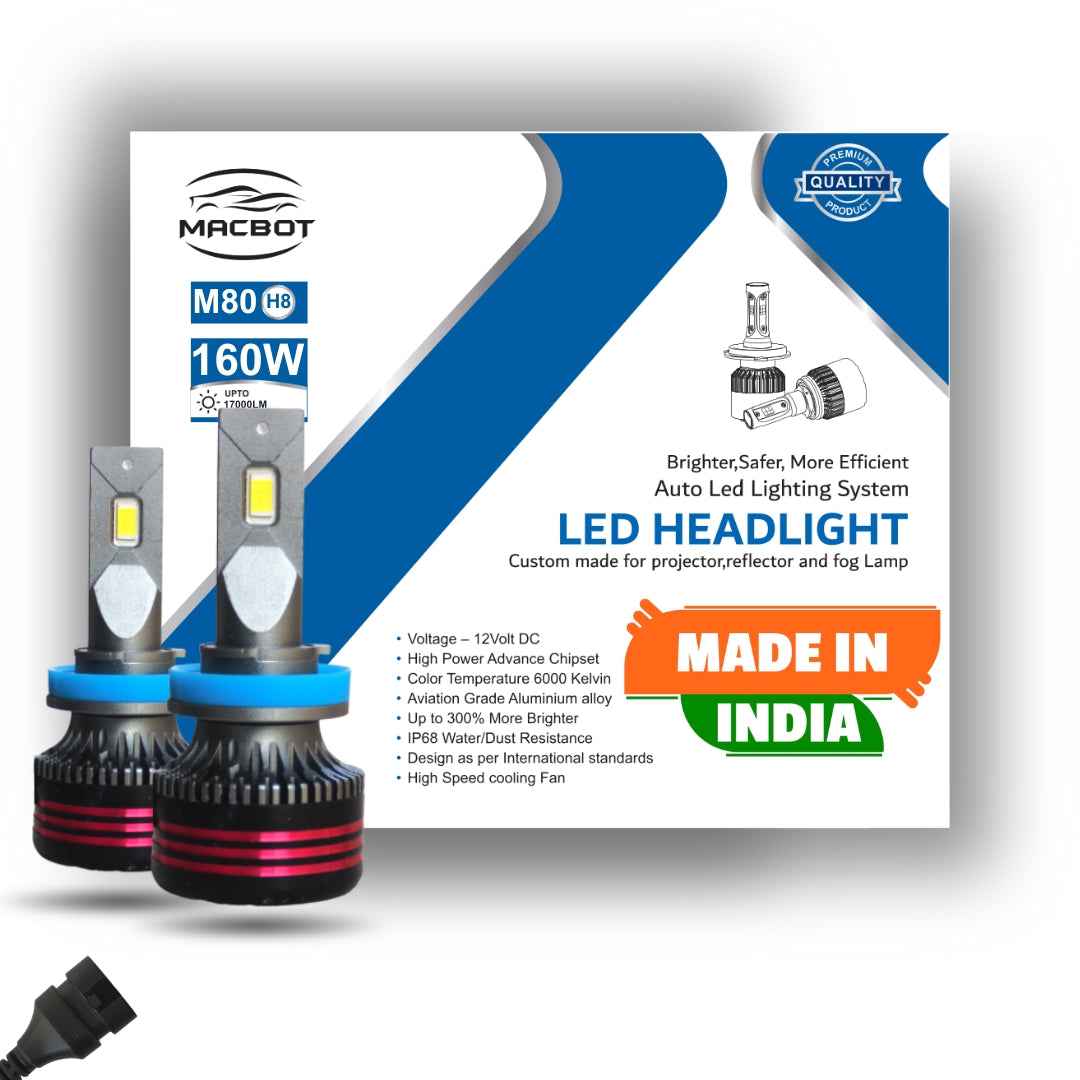 MACBOT H8 H11 Fog Light Bulb 160 Watt M80-H8 with 2-Year Replacement Warranty - Super Bright White Light, Made in India (80 Watt Each Bulb)