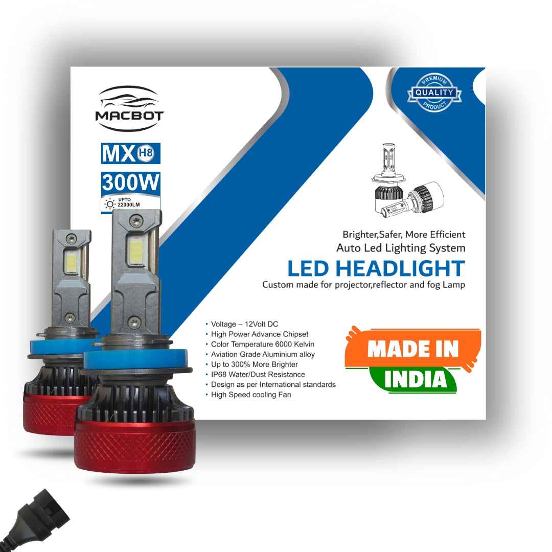 MACBOT LED H8/ H11/ H16 Bulb 300 Watt MX-H8 - Super Bright White Light with 2-Year Replacement Warranty - Made in India
