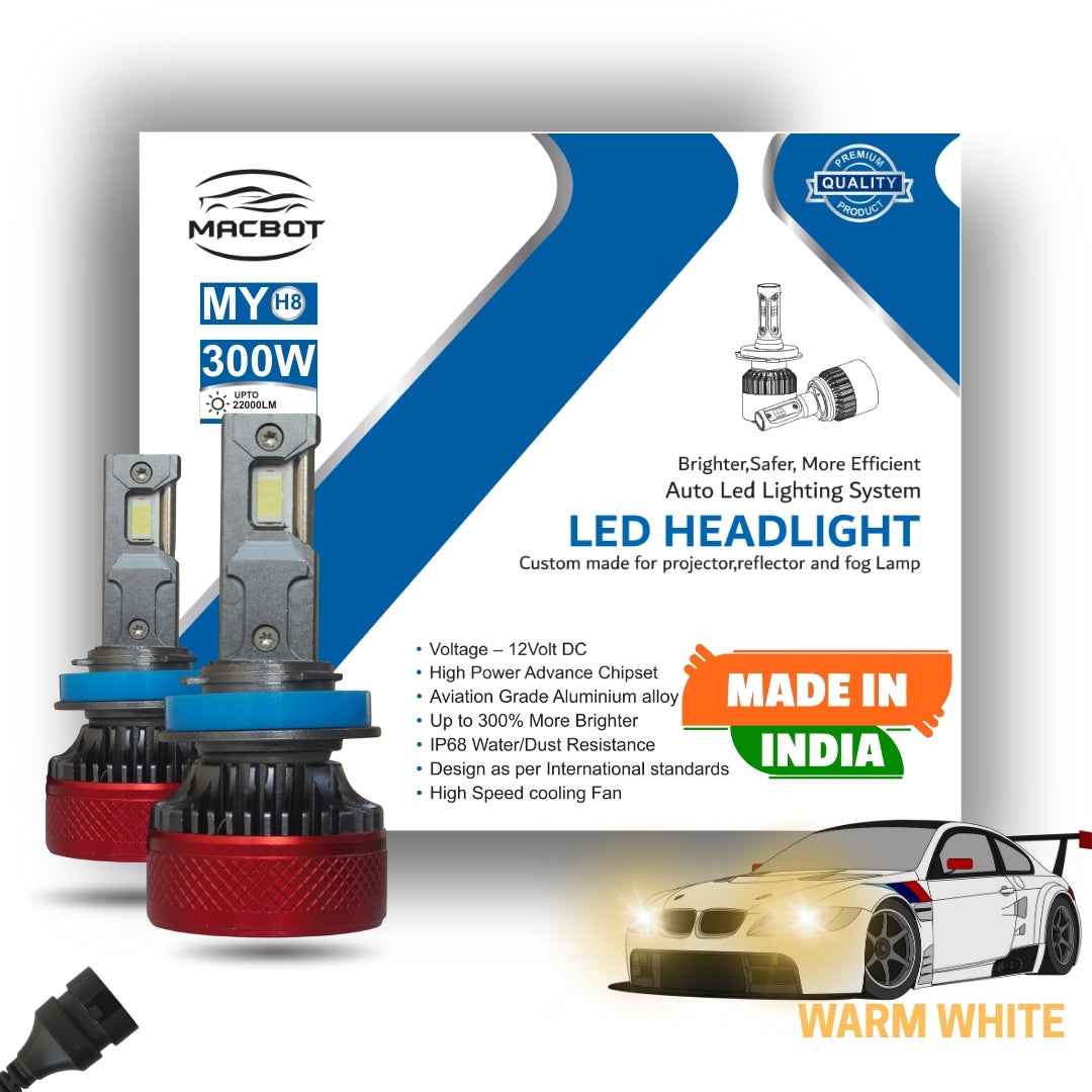 MACBOT H8 / H11 Yellow LED Bulb 300 Watt MY-H8 with 2-Year Replacement Warranty - Bright Warm White Light for Cars (150 Watt Each Bulb) Made in India