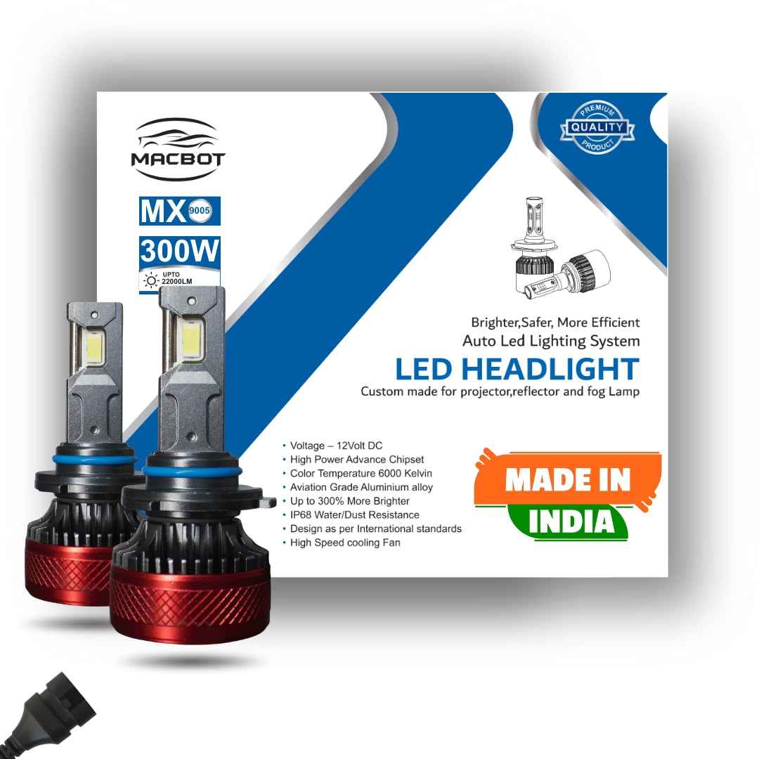 MACBOT HB3/9005 LED Headlight Bulb 300 Watt - Super Bright White Light with 2-Year Warranty - Made in India