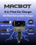 Macbot M4P-16 Fast Car Charger 120W with Retractable Cables, USB Port & Type-C Adapter for Android and iPhone, Up to 2 Year Warranty