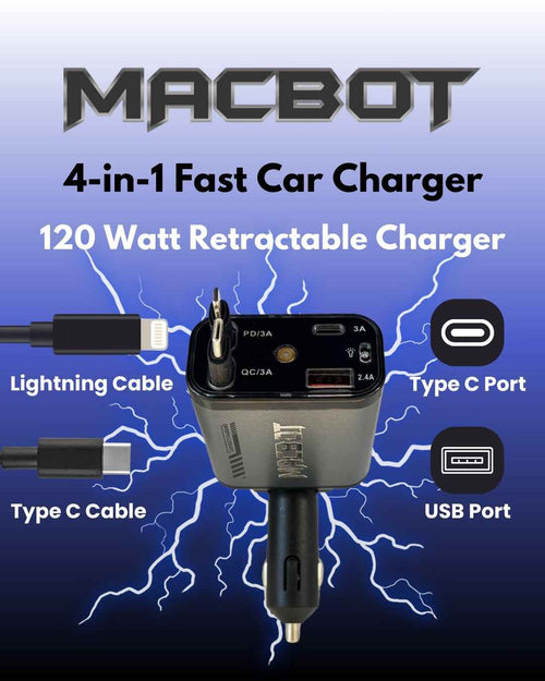 Macbot M4P-16 Fast Car Charger 120W with Retractable Cables, USB Port & Type-C Adapter for Android and iPhone, Up to 2 Year Warranty