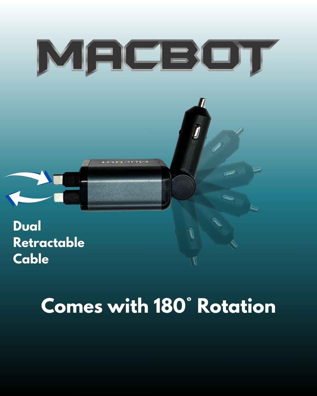 Macbot M4P-16 Fast Car Charger 120W with Retractable Cables, USB Port & Type-C Adapter for Android and iPhone, Up to 2 Year Warranty