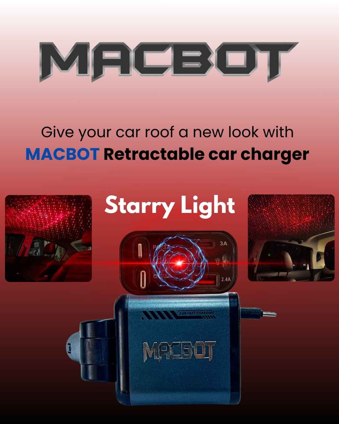 Macbot M4P-16 Fast Car Charger 120W with Retractable Cables, USB Port & Type-C Adapter for Android and iPhone, Up to 2 Year Warranty